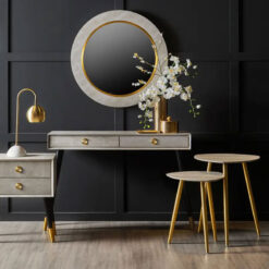 Set Of 2 Gold Metal And Grey Shagreen Faux Leather Side Tables End Tables