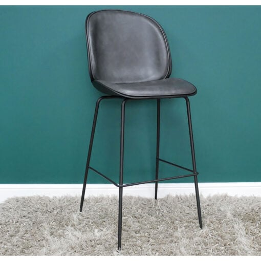 Set Of 2 Industrial Grey PU Faux Leather And Grey Metal Bar Stools