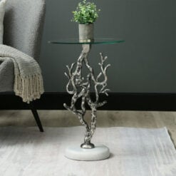 Abstract Tree Branches Twigs Design Antique Silver Metal And Glass Side Table With White Marble Base 60cm