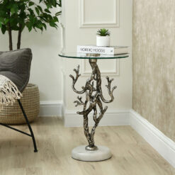 Abstract Tree Branches Twigs Design Antique Silver Metal And Glass Side Table With White Marble Base 60cm