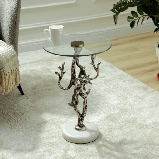 Abstract Tree Branches Twigs Design Antique Silver Metal And Glass Side Table With White Marble Base 60cm