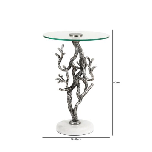 Abstract Tree Branches Twigs Design Antique Silver Metal And Glass Side Table With White Marble Base 60cm