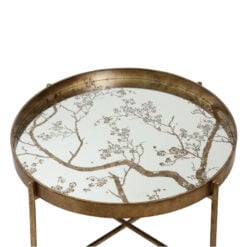 Antique Gold Metal Round Coffee Table With Floral Print Mirrored Top 80cm