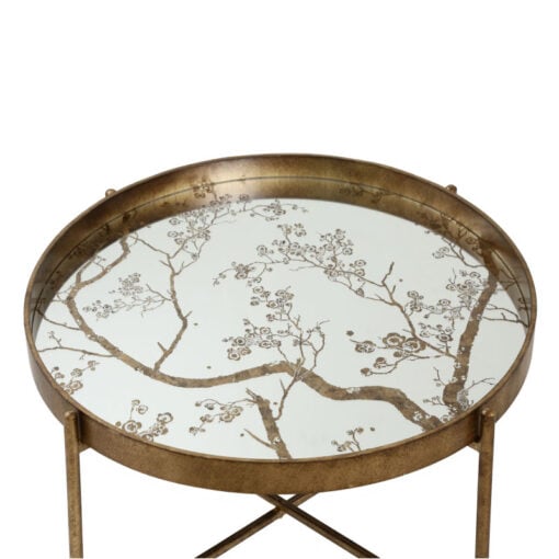 Antique Gold Metal Round Coffee Table With Floral Print Mirrored Top 80cm