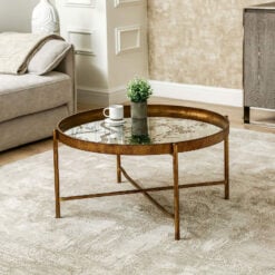 Antique Gold Metal Round Coffee Table With Floral Print Mirrored Top 80cm