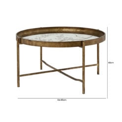 Antique Gold Metal Round Coffee Table With Floral Print Mirrored Top 80cm