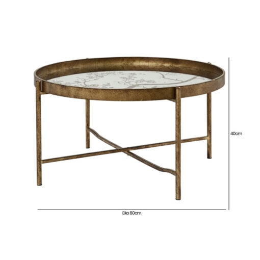 Antique Gold Metal Round Coffee Table With Floral Print Mirrored Top 80cm