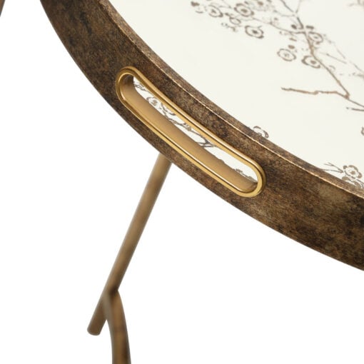 Antique Gold Metal Round Side Table With Floral Print Mirrored Top