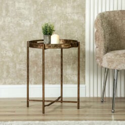Antique Gold Metal Round Side Table With Floral Print Mirrored Top