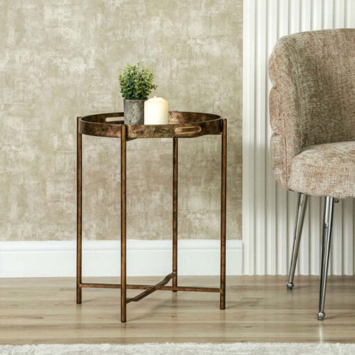 Antique Gold Metal Round Side Table With Floral Print Mirrored Top