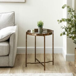 Antique Gold Metal Round Side Table With Floral Print Mirrored Top