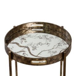 Antique Gold Metal Round Side Table With Floral Print Mirrored Top