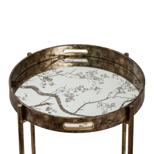 Antique Gold Metal Round Side Table With Floral Print Mirrored Top