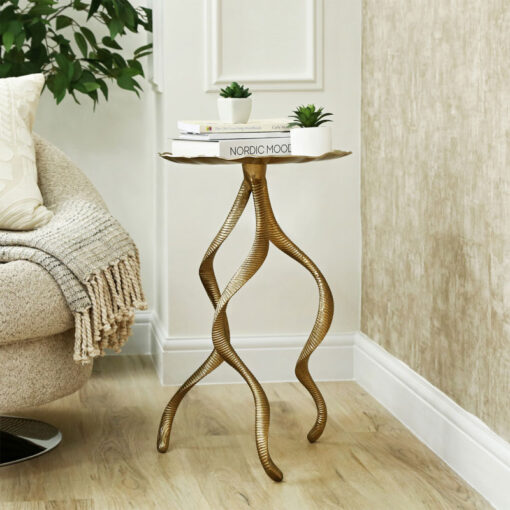 Antler Design Tripod Antique Gold Metal Side Table End Table