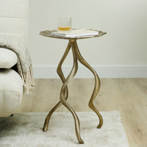 Antler Design Tripod Antique Gold Metal Side Table End Table