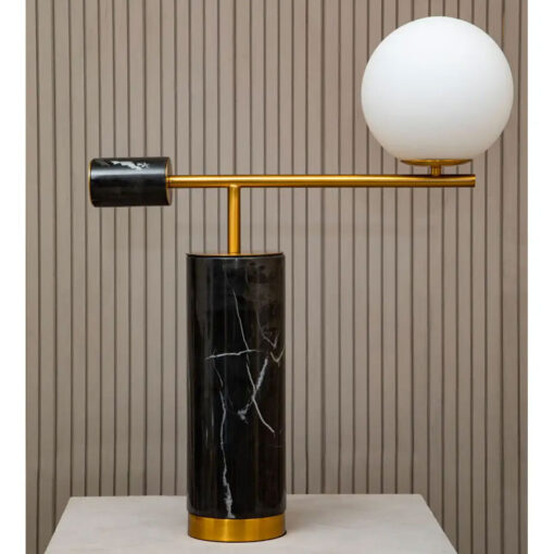 Art Deco Abstract Black Marble And Gold Metal Table Lamp With White Glass Shade 62cm