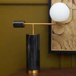 Art Deco Abstract Black Marble And Gold Metal Table Lamp With White Glass Shade 62cm