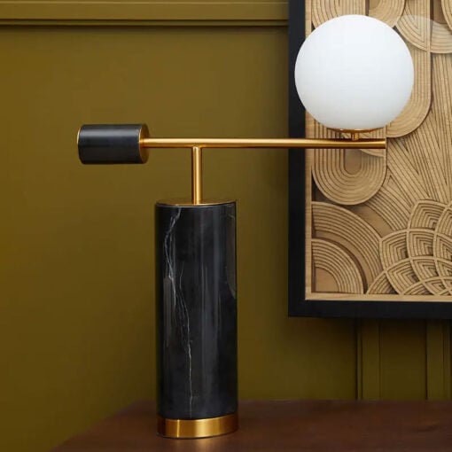 Art Deco Abstract Black Marble And Gold Metal Table Lamp With White Glass Shade 62cm