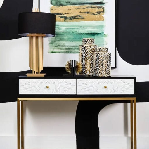 Art Deco Abstract Gold Metal Pipes Large Table Lamp With Black Linen Shade 70cm