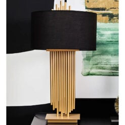 Art Deco Abstract Gold Metal Pipes Large Table Lamp With Black Linen Shade 70cm