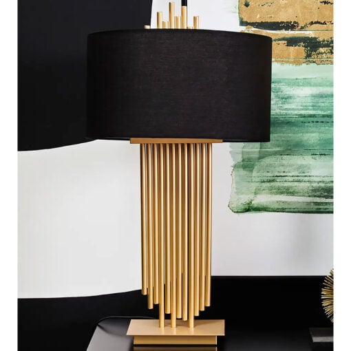 Art Deco Abstract Gold Metal Pipes Large Table Lamp With Black Linen Shade 70cm