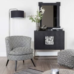 Art Deco Boho Black And White Greek Key Pattern Tub Armchair Accent Chair With Solid Black Wood Legs