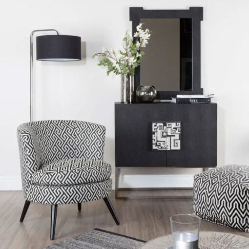 Art Deco Boho Black And White Greek Key Pattern Tub Armchair Accent Chair With Solid Black Wood Legs