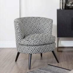 Art Deco Boho Black And White Greek Key Pattern Tub Armchair Accent Chair With Solid Black Wood Legs
