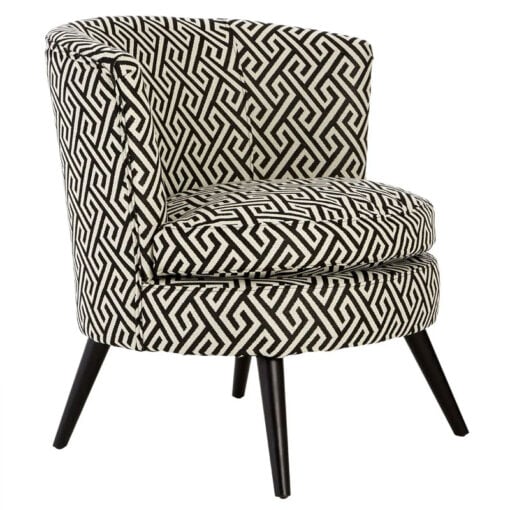 Art Deco Boho Black And White Greek Key Pattern Tub Armchair Accent Chair With Solid Black Wood Legs