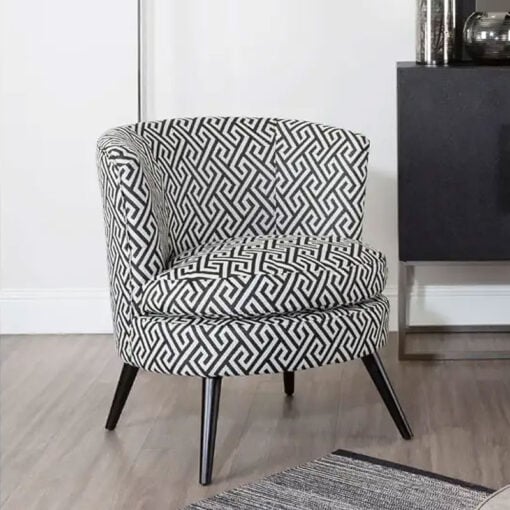 Art Deco Boho Black And White Greek Key Pattern Tub Armchair Accent Chair With Solid Black Wood Legs