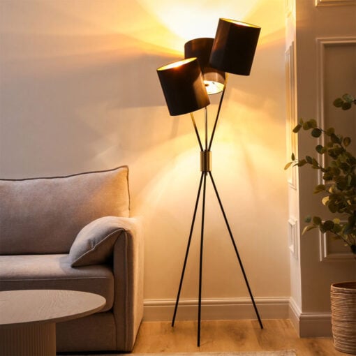 Black And Gold Metal Tripod Floor Lamp With 3 Black Faux Silk Shades 164cm