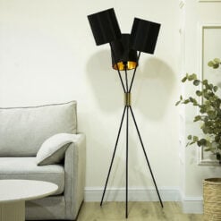 Black And Gold Metal Tripod Floor Lamp With 3 Black Faux Silk Shades 164cm