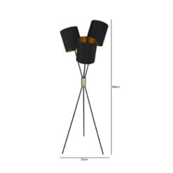 Black And Gold Metal Tripod Floor Lamp With 3 Black Faux Silk Shades 164cm