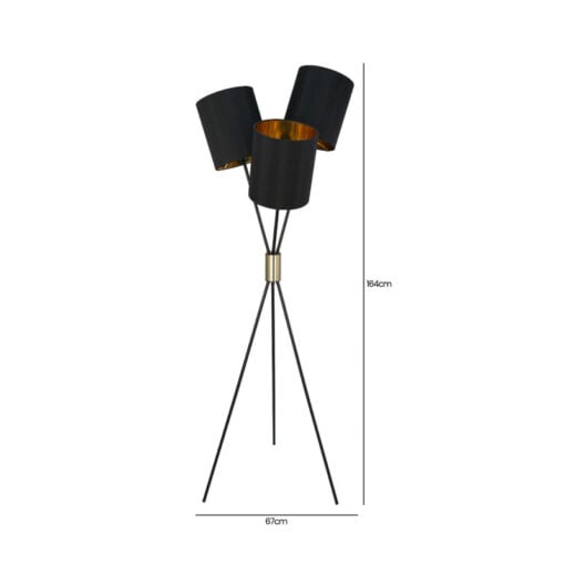 Black And Gold Metal Tripod Floor Lamp With 3 Black Faux Silk Shades 164cm