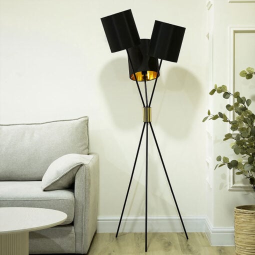 Black And Gold Metal Tripod Floor Lamp With 3 Black Faux Silk Shades 164cm