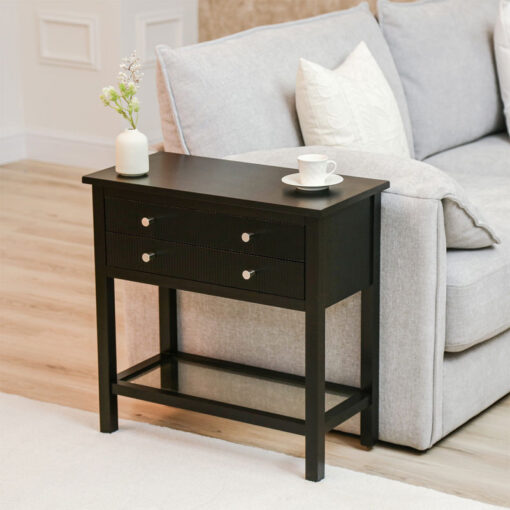 Black Solid Pine Wood 2 Drawer 1 Glass Shelf Large Bedside Cabinet