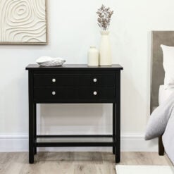 Black Solid Pine Wood 2 Drawer 1 Glass Shelf Large Bedside Cabinet