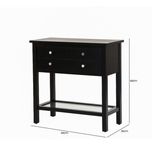 Black Solid Pine Wood 2 Drawer 1 Glass Shelf Large Bedside Cabinet