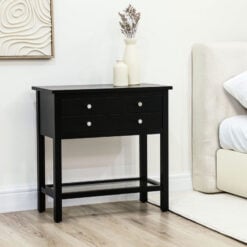 Black Solid Pine Wood 2 Drawer 1 Glass Shelf Large Bedside Cabinet