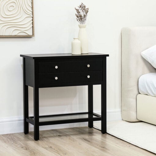 Black Solid Pine Wood 2 Drawer 1 Glass Shelf Large Bedside Cabinet