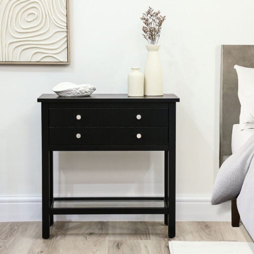 Black Solid Pine Wood 2 Drawer 1 Glass Shelf Large Bedside Cabinet