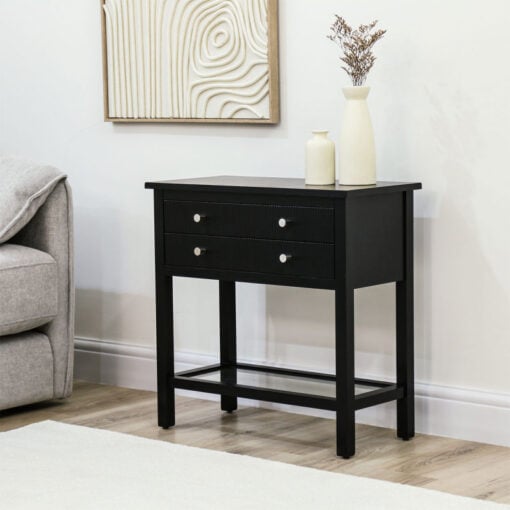 Black Solid Pine Wood 2 Drawer 1 Glass Shelf Large Bedside Cabinet