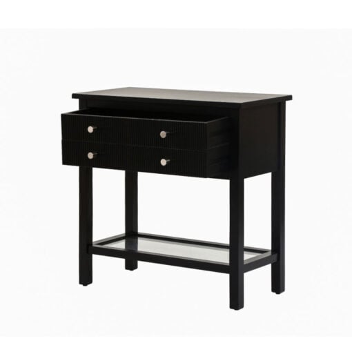 Black Solid Pine Wood 2 Drawer 1 Glass Shelf Large Bedside Cabinet