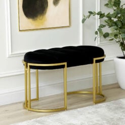 Black Velvet And Champagne Gold Metal Tufted Vanity Bedroom Hallway Bench Ottoman 80cm