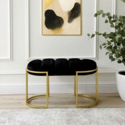 Black Velvet And Champagne Gold Metal Tufted Vanity Bedroom Hallway Bench Ottoman 80cm