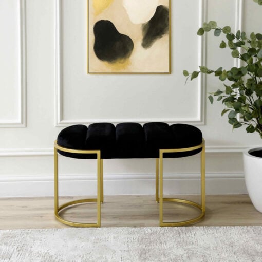 Black Velvet And Champagne Gold Metal Tufted Vanity Bedroom Hallway Bench Ottoman 80cm