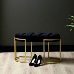 Black Velvet And Champagne Gold Metal Tufted Vanity Bedroom Hallway Bench Ottoman 80cm