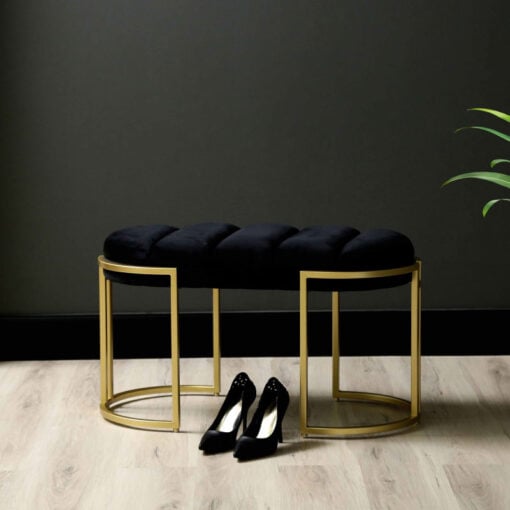 Black Velvet And Champagne Gold Metal Tufted Vanity Bedroom Hallway Bench Ottoman 80cm