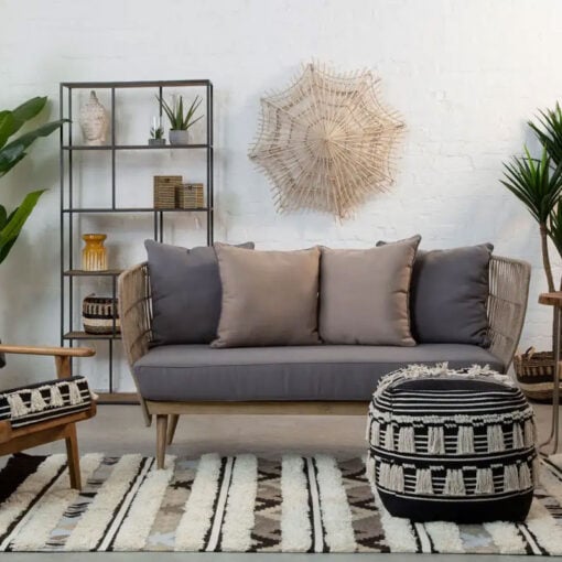 Boho Black And White Fabric Pouffe With Tassels Stool Footstool
