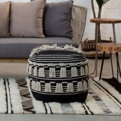 Boho Black And White Fabric Pouffe With Tassels Stool Footstool